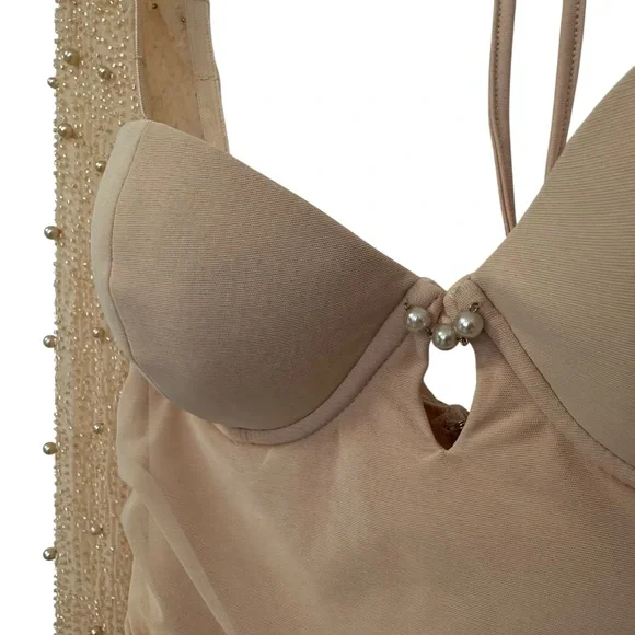 Oh Polly St. Germain Ruched Embellished Beaded Long Sleeve Mini Dress Sz 6 Beige - Picture 8 of 12